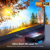 NexiGo Aurora Pro, proyector láser 4K tricolor de distancia ultra corta, 2400 lúmenes, adopción de pantalla, atenuación láser dinámica, Dolby Vision y Atoms, HDR10, HLG, 3D activo, altavoces de 60 W, UST Laser TV