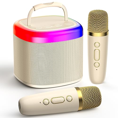 JYX Mini Máquina de Karaoke, Altavoz de Karaoke Portátil Bluetooth con 2 Micrófonos Inalámbricos y Luces de Fiesta para Niños y Adultos, Regalos de Cumpleaños para Niñas Niños Familia Fiesta en Casa(Beige)