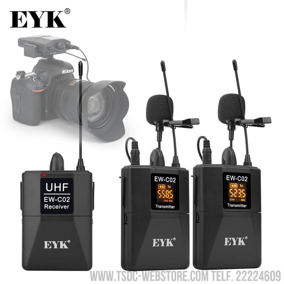 Micrófono inalámbrico Dual Lavalier solapa 30 canales UHF hasta 60m para Cámara DSLR ideal para entrevista, lives, grabación de vídeo EYK EW-C02-Micrófono inalámbrico-TSDC Webstore